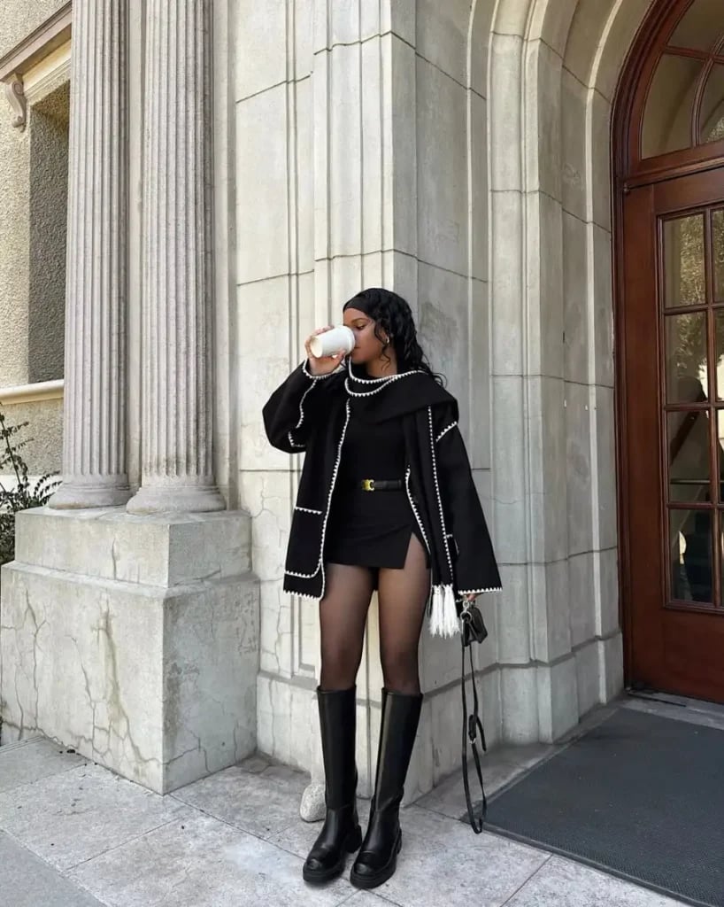 Black Turtleneck Layered Under a Jacket with White Trim Black Turtleneck Layered Under a Jacket with White Trim — Aesthetic Black Sweater Outfit