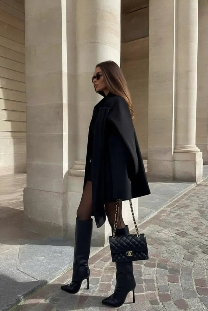 Black Dress with a Dramatic Cape Black Dress with a Dramatic Cape — Aesthetic Black Sweater Outfit