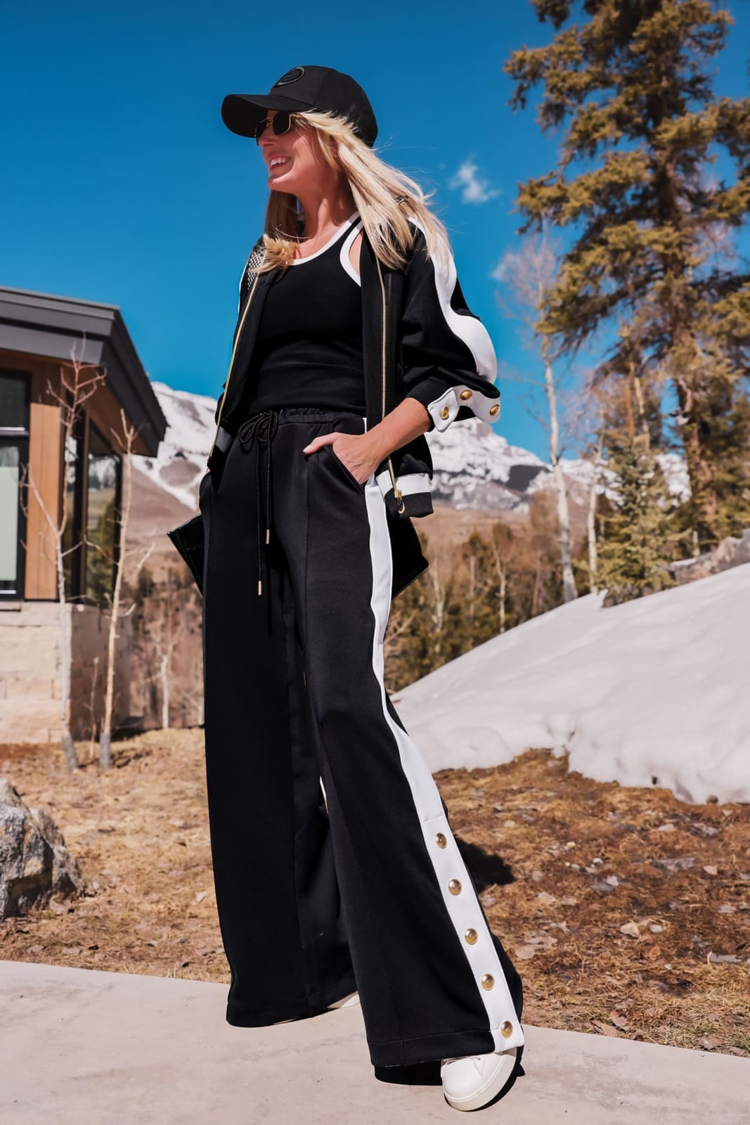 Wide-leg Sweatpants with Bomber Jacket and White Sneakers — Aesthetic Black Sweatpants Outfit