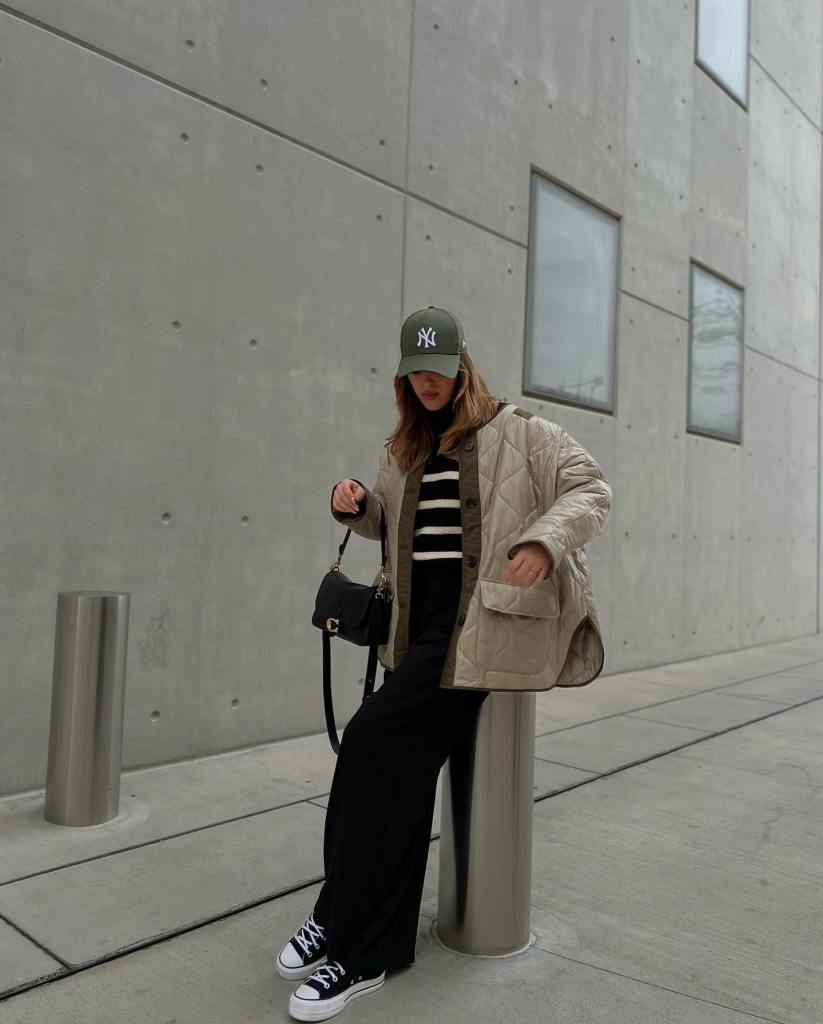 Wide-leg Sweatpants with Quilted Jacket, Nylon — Aesthetic Black Sweatpants Outfit