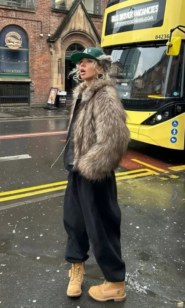 Sweatpants with Faux Fur Jacket and Baseball Cap — Aesthetic Black Sweatpants Outfit