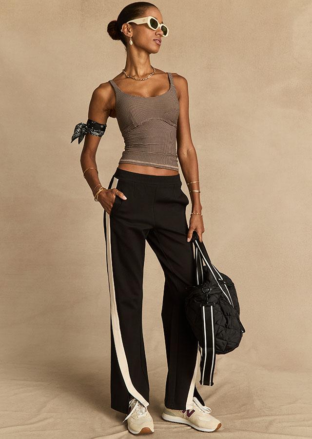 Track Pants with Blazer and Patterned Top — Aesthetic Black Sweatpants Outfit