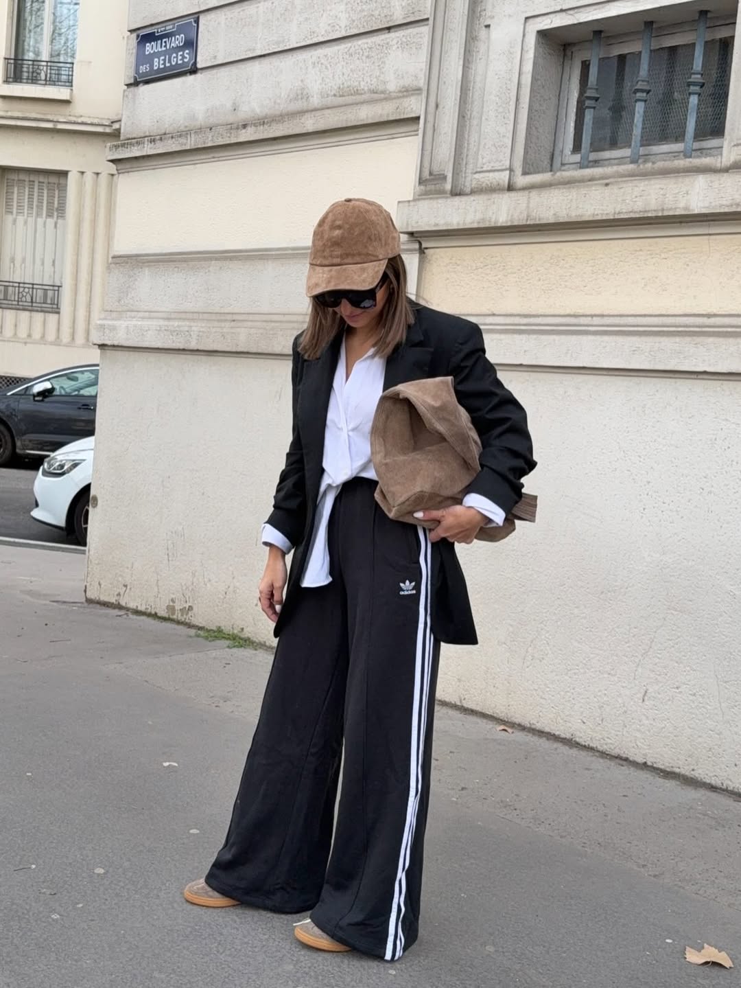 Striped Track Pants with White Shirt and Brown Accessories — Aesthetic Black Sweatpants Outfit