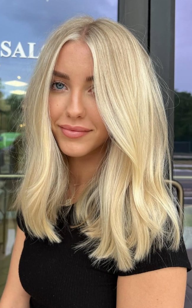 Platinum Blonde Lob With Root Shadow Platinum Blonde Lob With Root Shadow — Aesthetic Blonde Hair