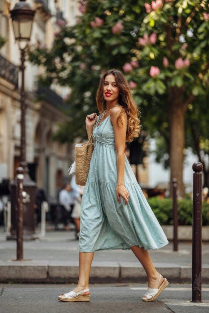 Light Blue Polka Dot Midi Dress for Summer With Straw Tote Bag — Aesthetic Blue Dress Outfit
