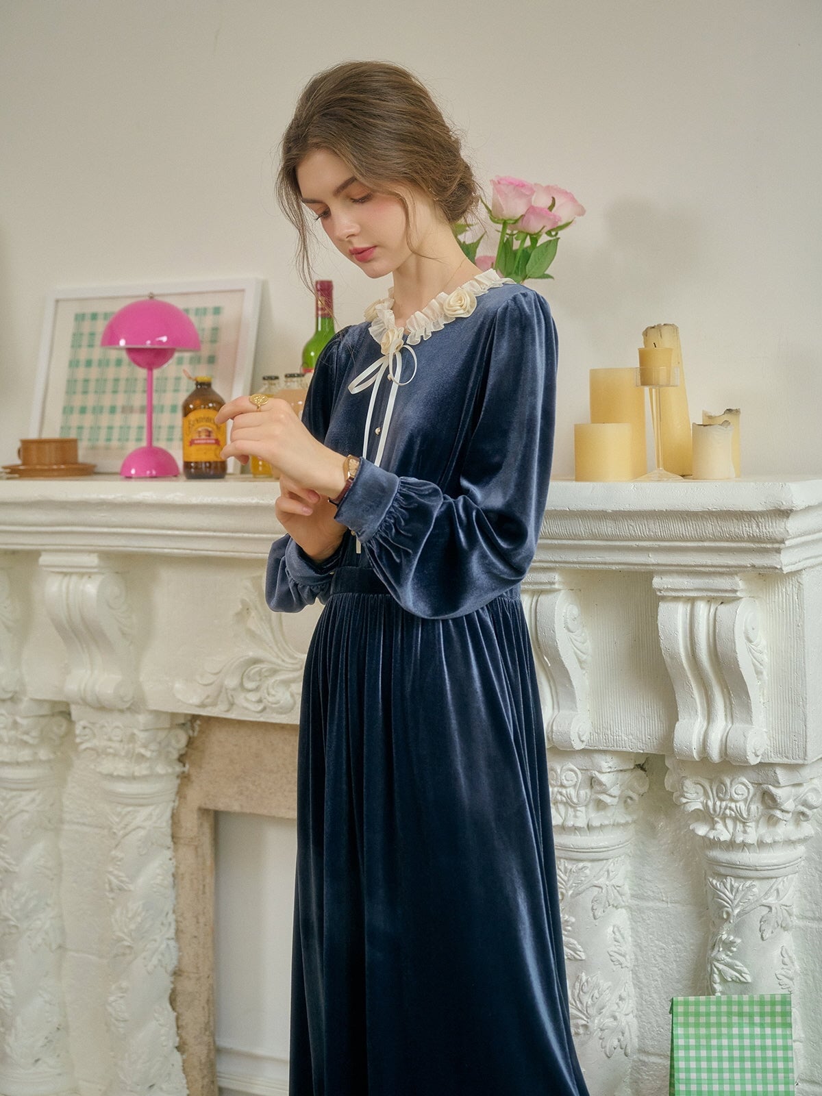 Deep Blue Velvet Dress with Ruffled Collar — Aesthetic Blue Dress Outfit