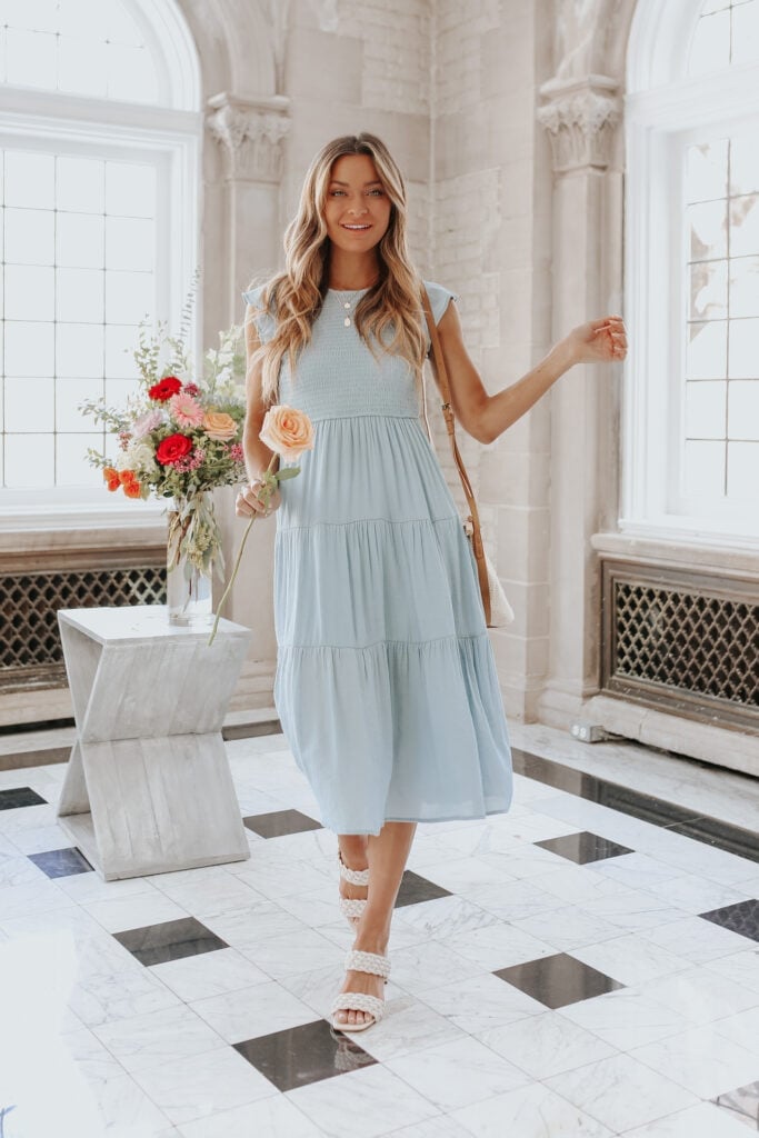 Light Blue Tiered Dress with Smocked Bodice — Aesthetic Blue Dress Outfit