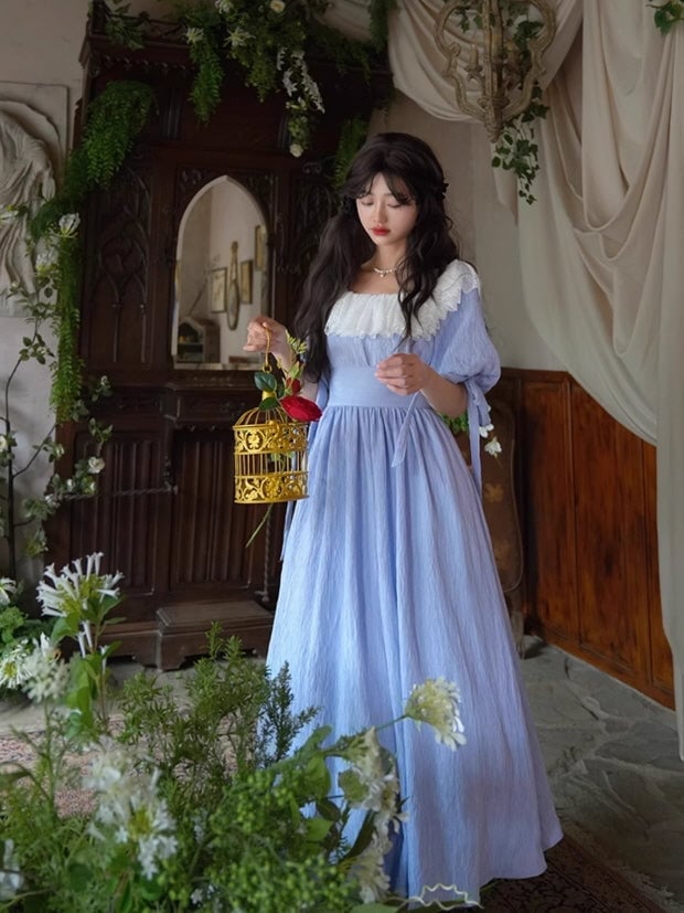 Light Blue Linen Balloon Sleeve Midi Dress — Aesthetic Blue Dress Outfit