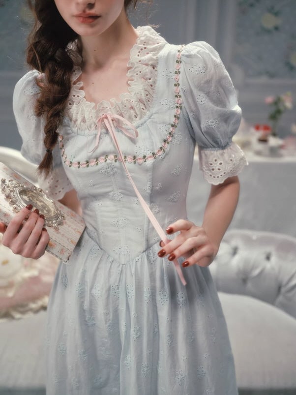 Pale Blue Broderie Anglaise Dress Detail — Aesthetic Blue Dress Outfit