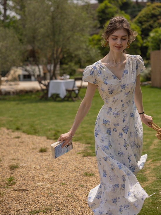Blue and White Floral Print Midi Dress — Aesthetic Blue Dress Outfit