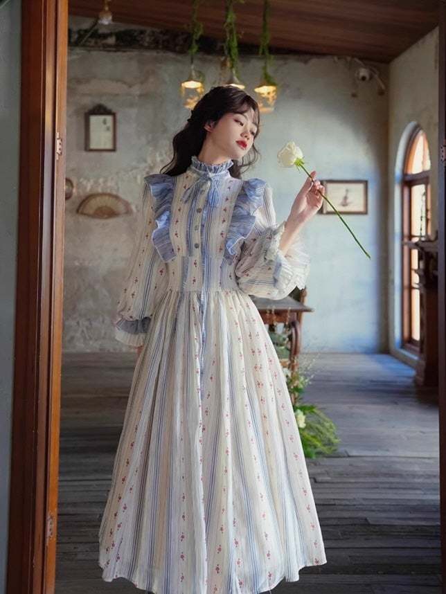 Blue and White Striped Maxi Dress with Ruffled Neckline — Aesthetic Blue Dress Outfit