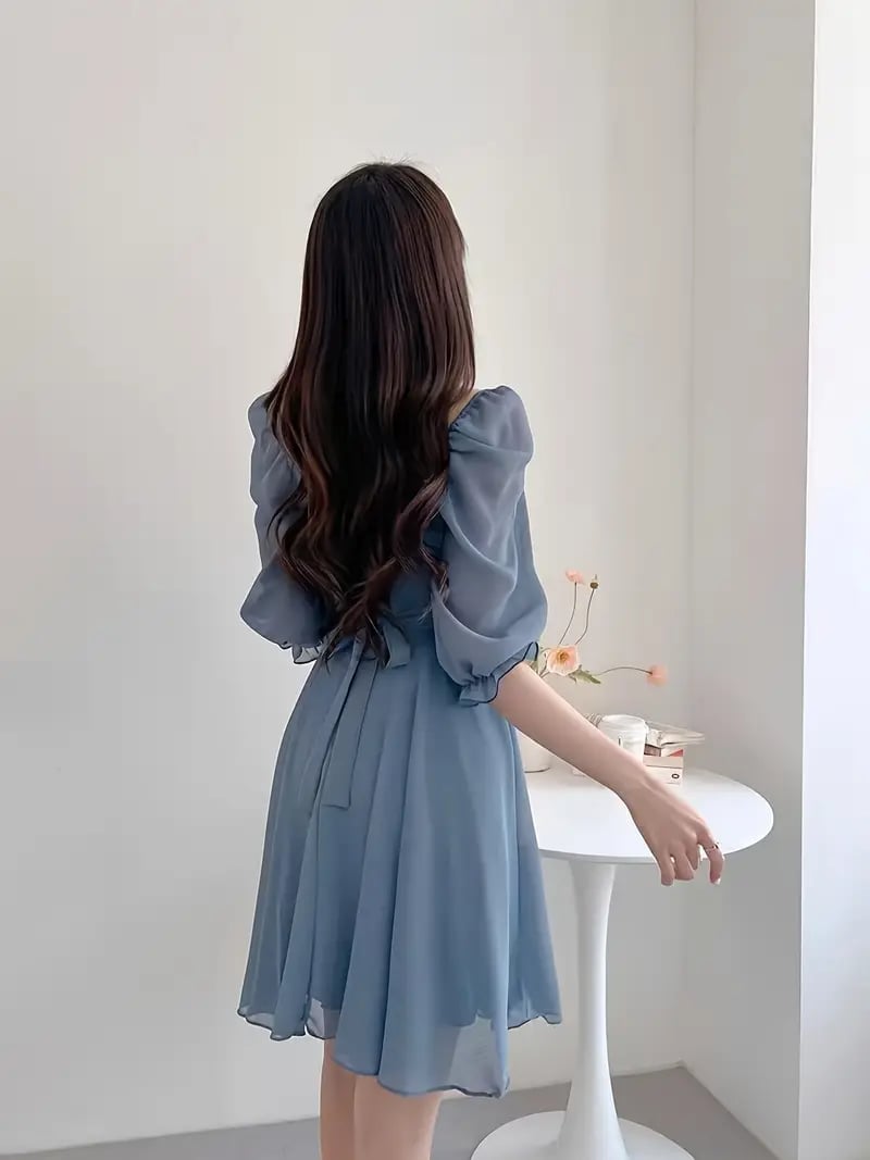 Flowy Blue Midi Dress with Puff Sleeves — Aesthetic Blue Dress Outfit
