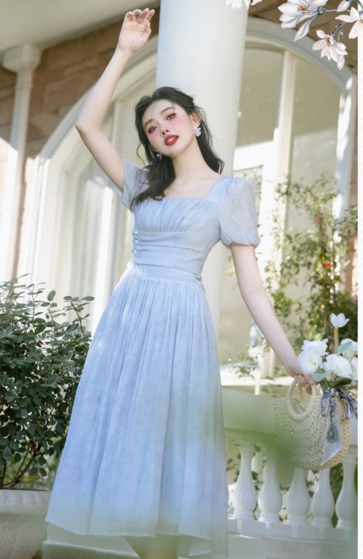 Light Blue Tulle Puff Sleeve Dress for Garden Party — Aesthetic Blue Dress Outfit