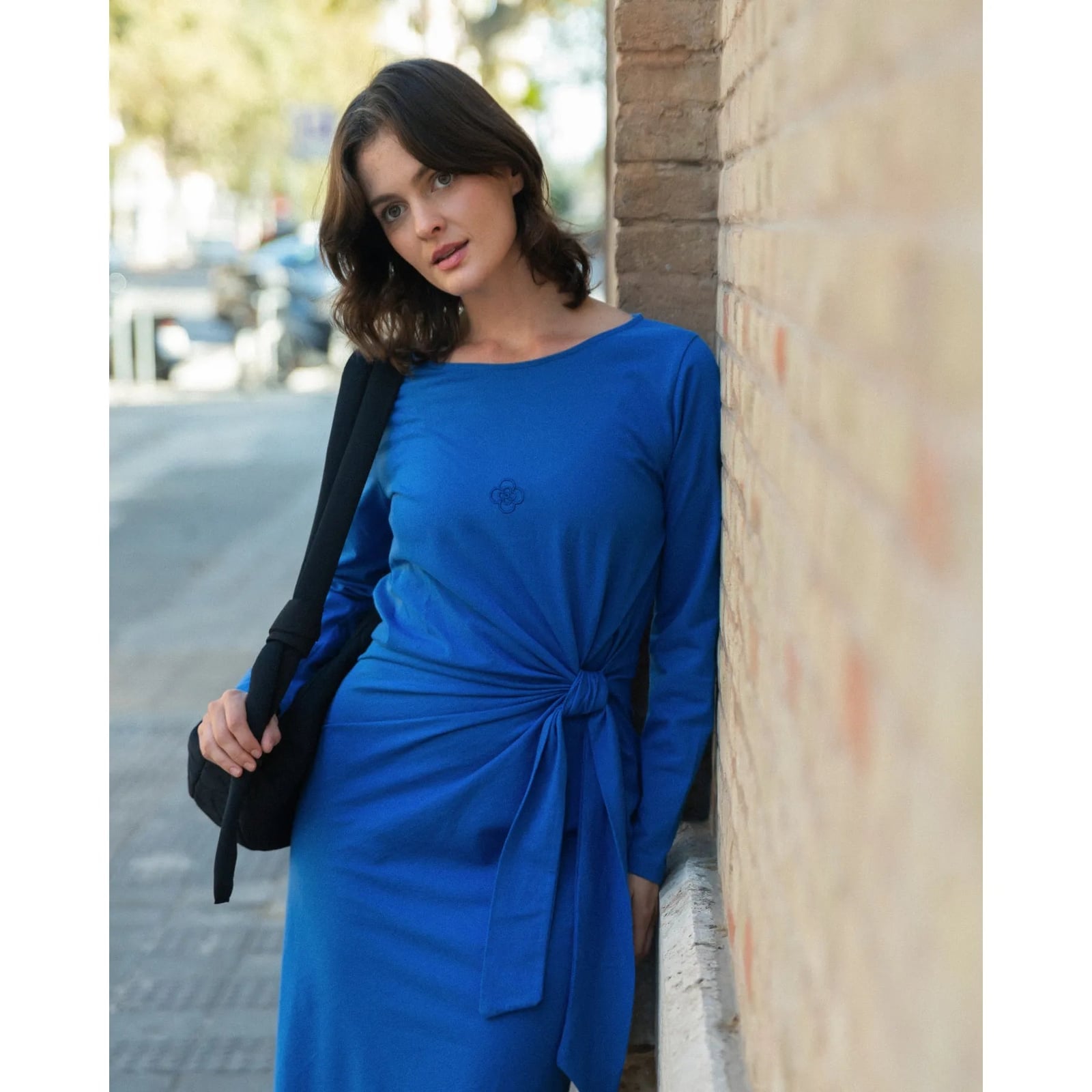 Electric Blue Tie-Waist Dress with Draped Jacket, Close-Up Take — Aesthetic Blue Dress Outfit