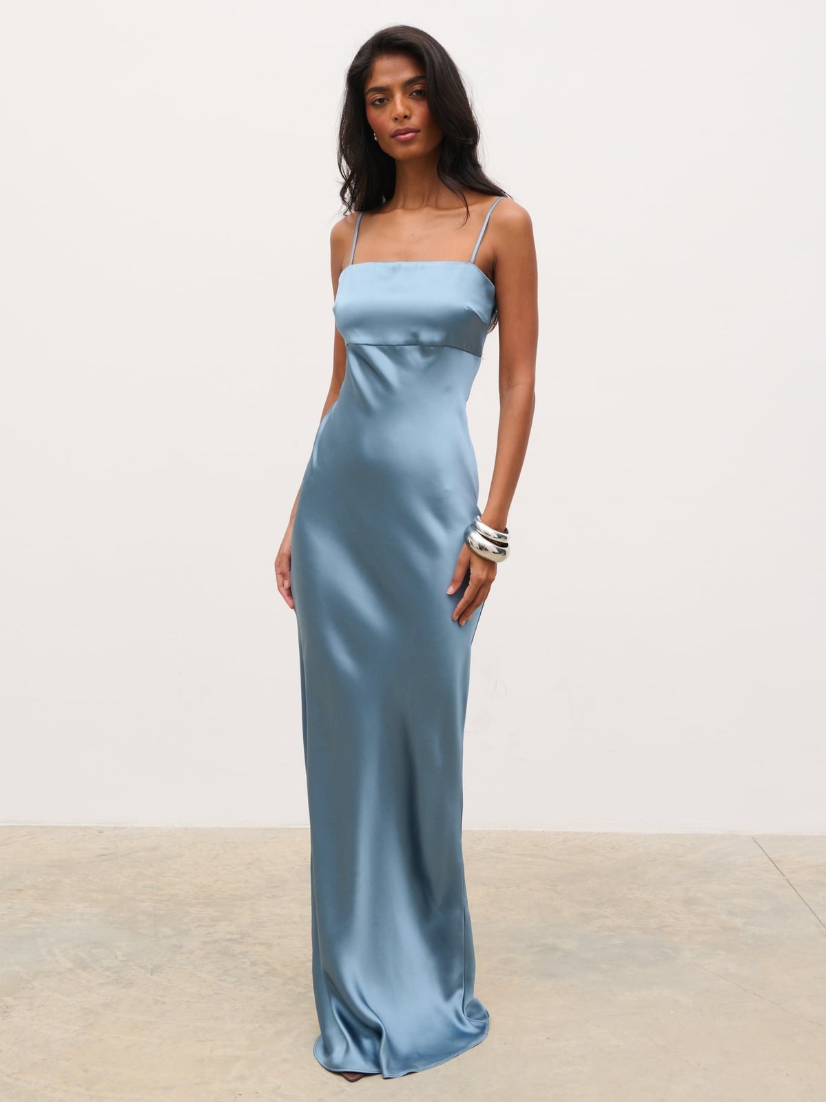 Dusty Blue Satin Maxi Dress with Column Silhouette, Close-Up Take — Aesthetic Blue Dress Outfit