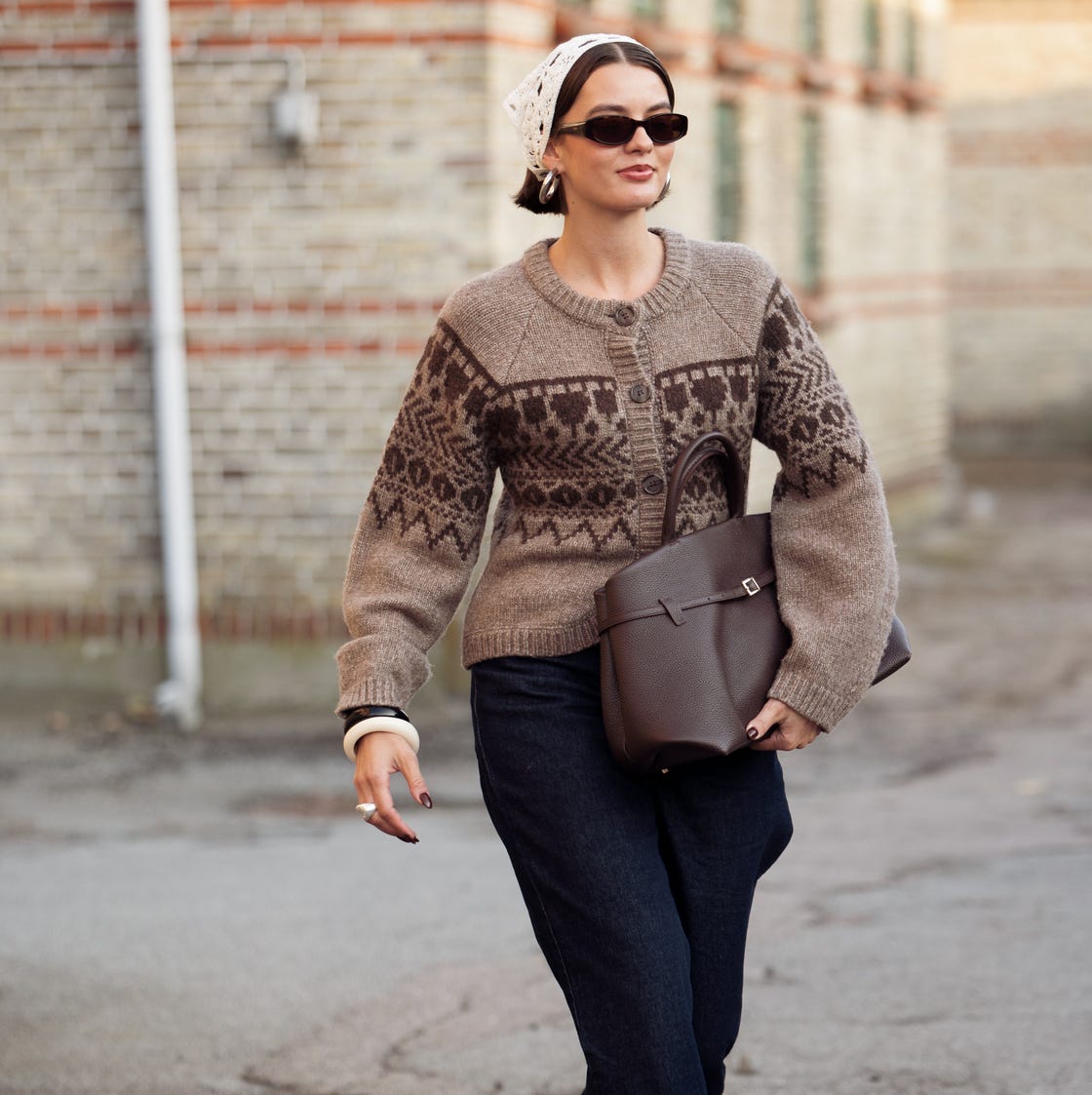 Brown Fair Isle Cardigan with Dark Denim — Aesthetic Brown Cardigan Outfit