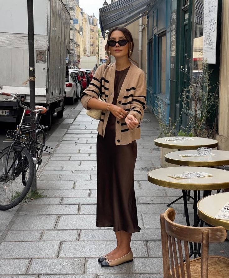 Striped Cardigan Over a Brown Slip Dress — Aesthetic Brown Cardigan Outfit