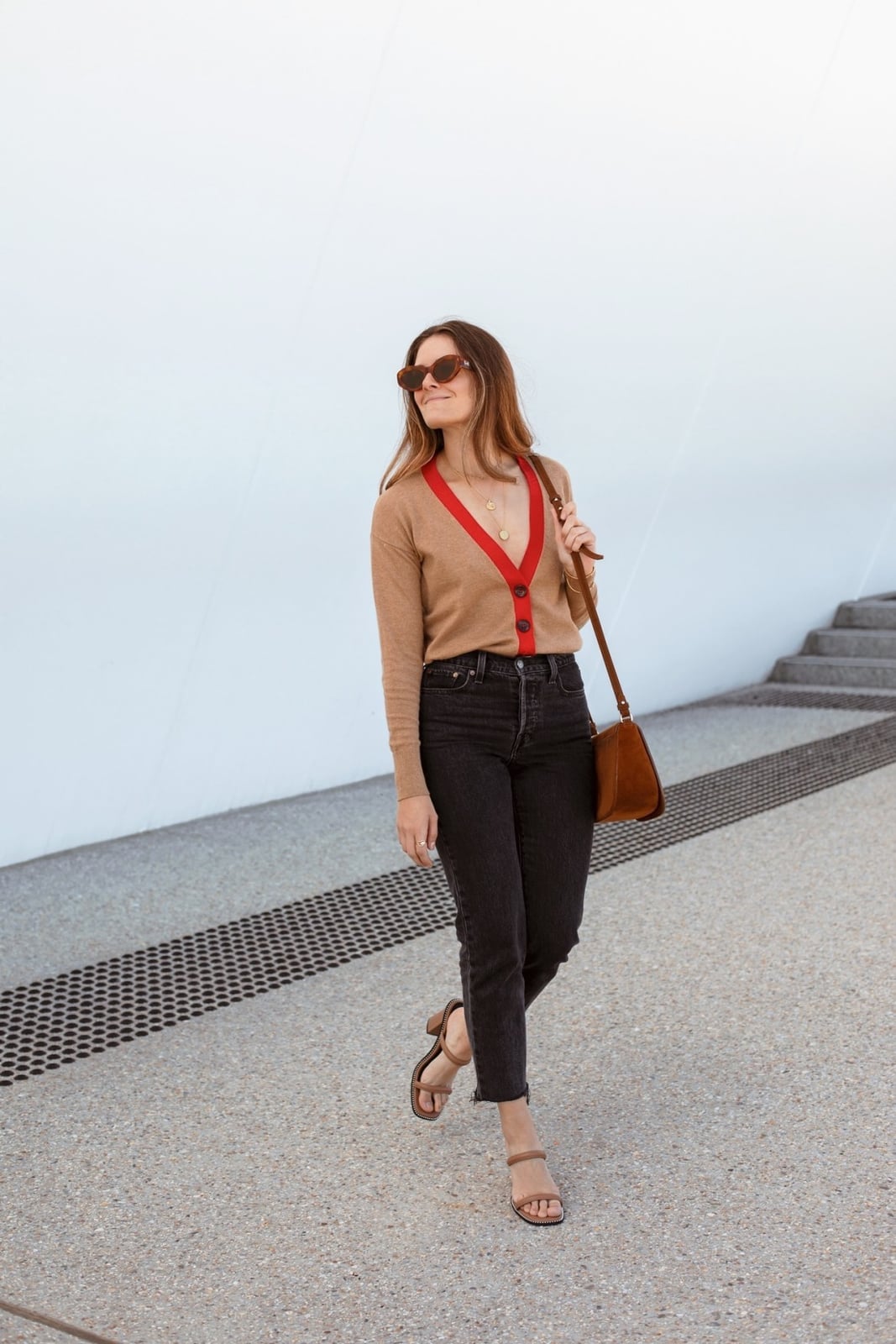 Brown Cardigan with Red Trim and Jeans — Aesthetic Brown Cardigan Outfit