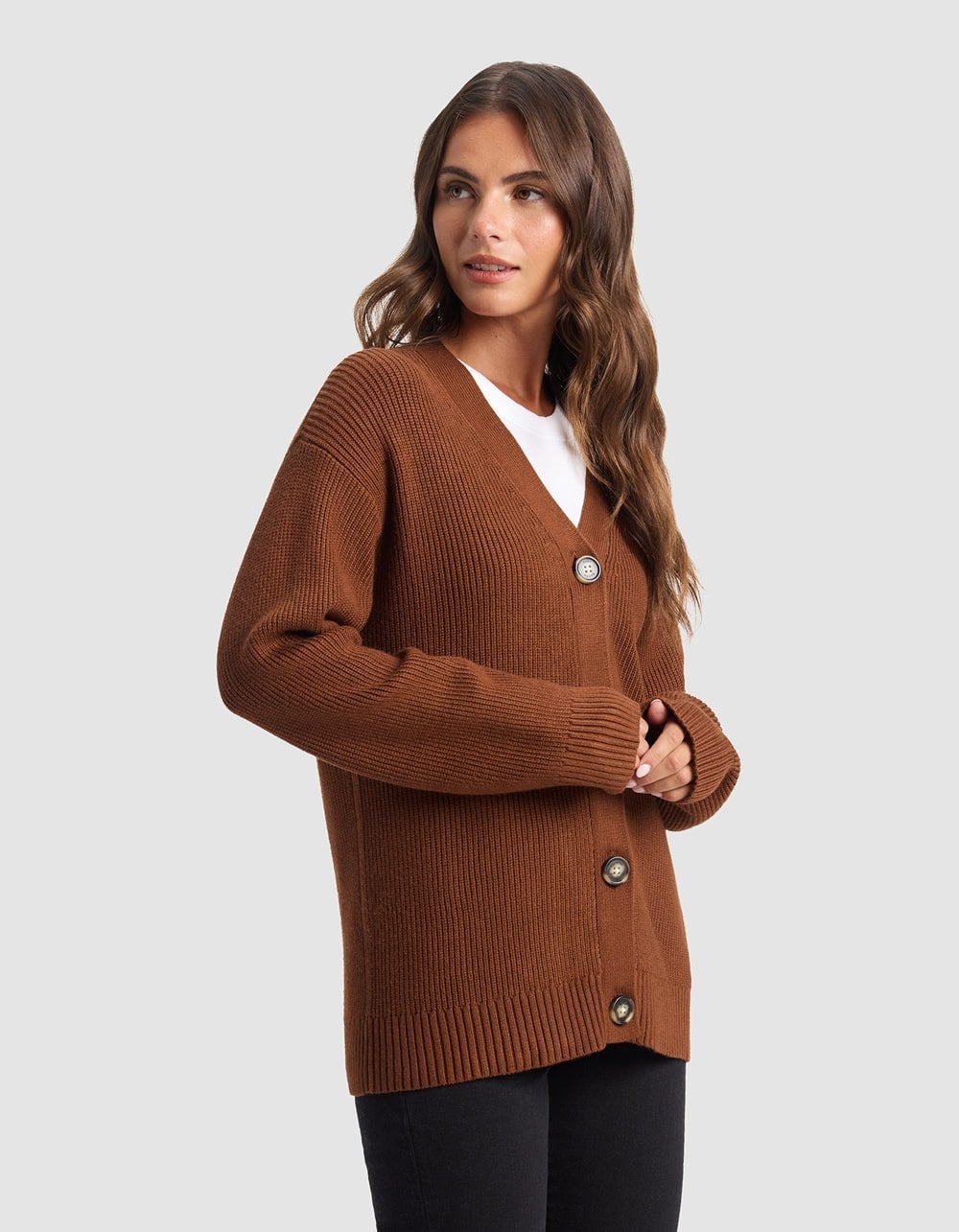 Fitted Brown Cardigan with White T-Shirt — Aesthetic Brown Cardigan Outfit