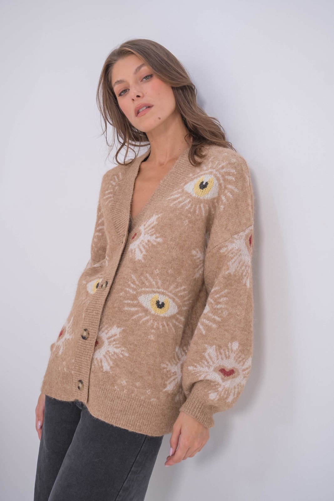 Beige Cardigan with Embroidered Eye Pattern — Aesthetic Brown Cardigan Outfit