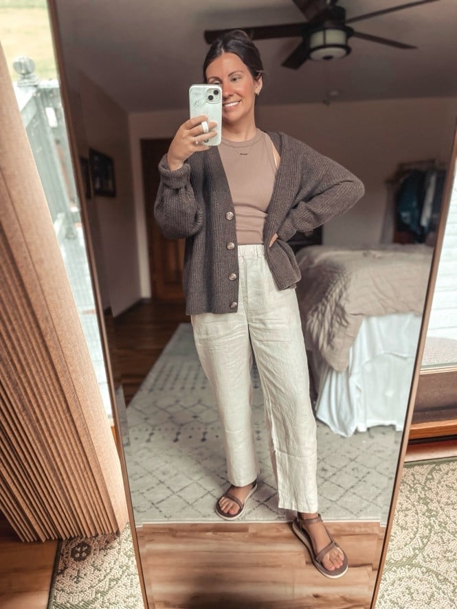 Relaxed Cardigan with Wide Leg Pants — Aesthetic Brown Cardigan Outfit