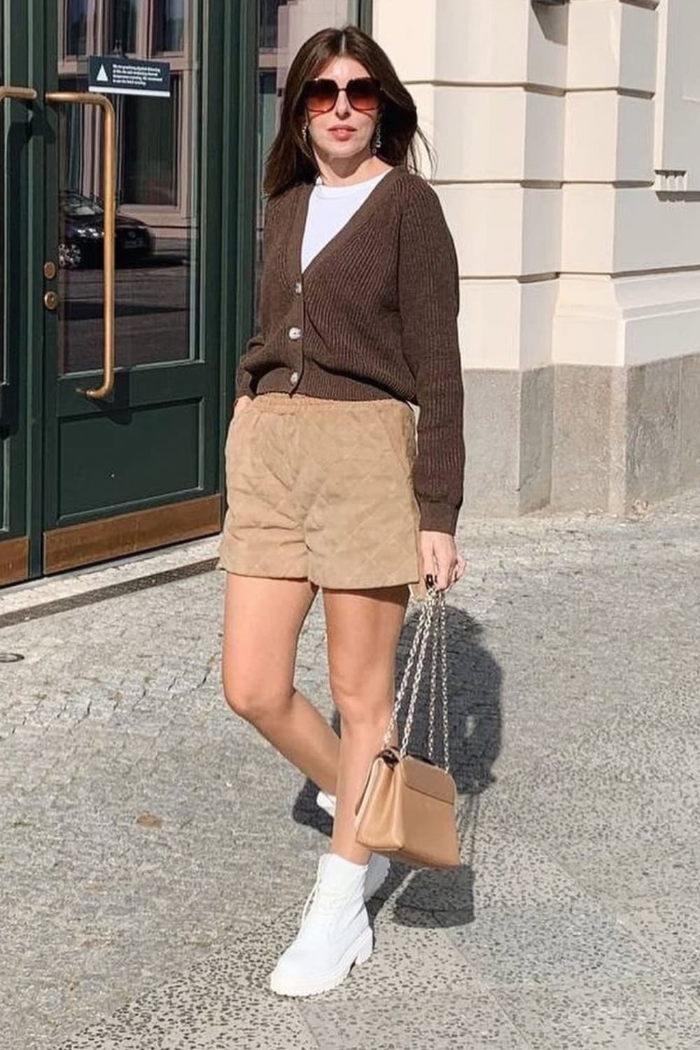 Cropped Cardigan with Quilted Shorts — Aesthetic Brown Cardigan Outfit