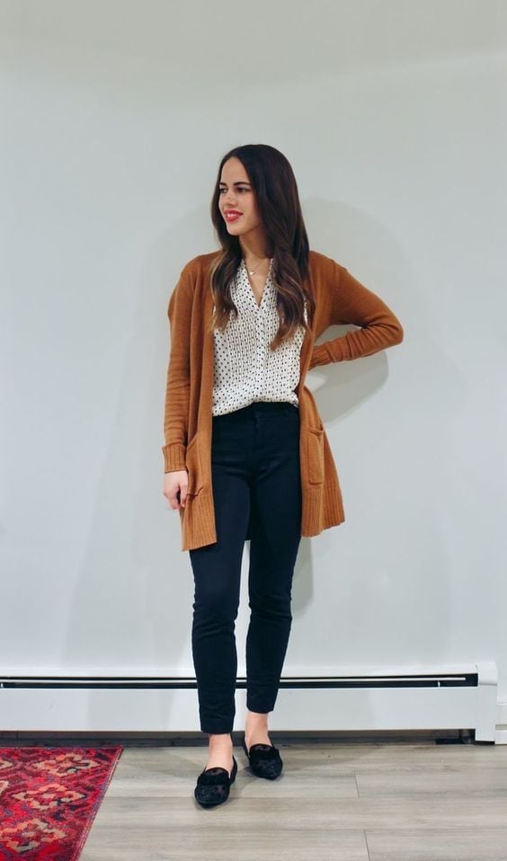 Longline Cardigan Over Polka Dot Blouse — Aesthetic Brown Cardigan Outfit