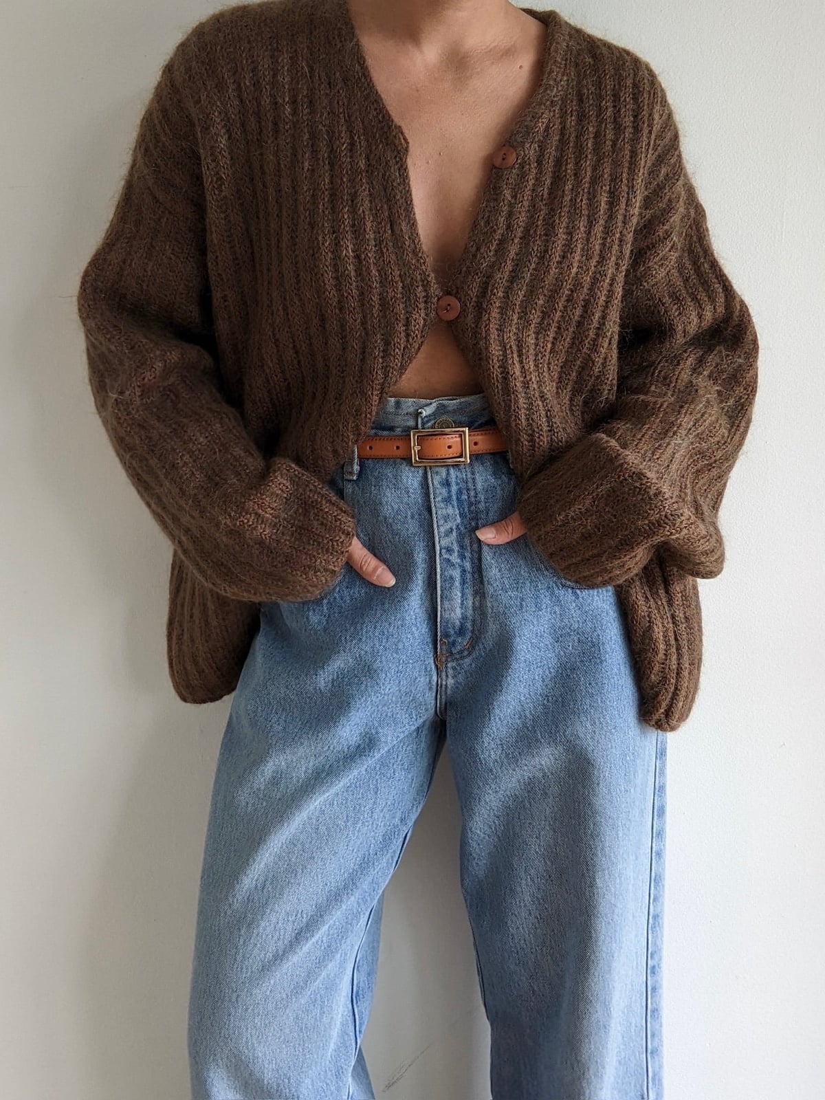 Oversized Mohair Cardigan and Blue Jeans — Aesthetic Brown Cardigan Outfit