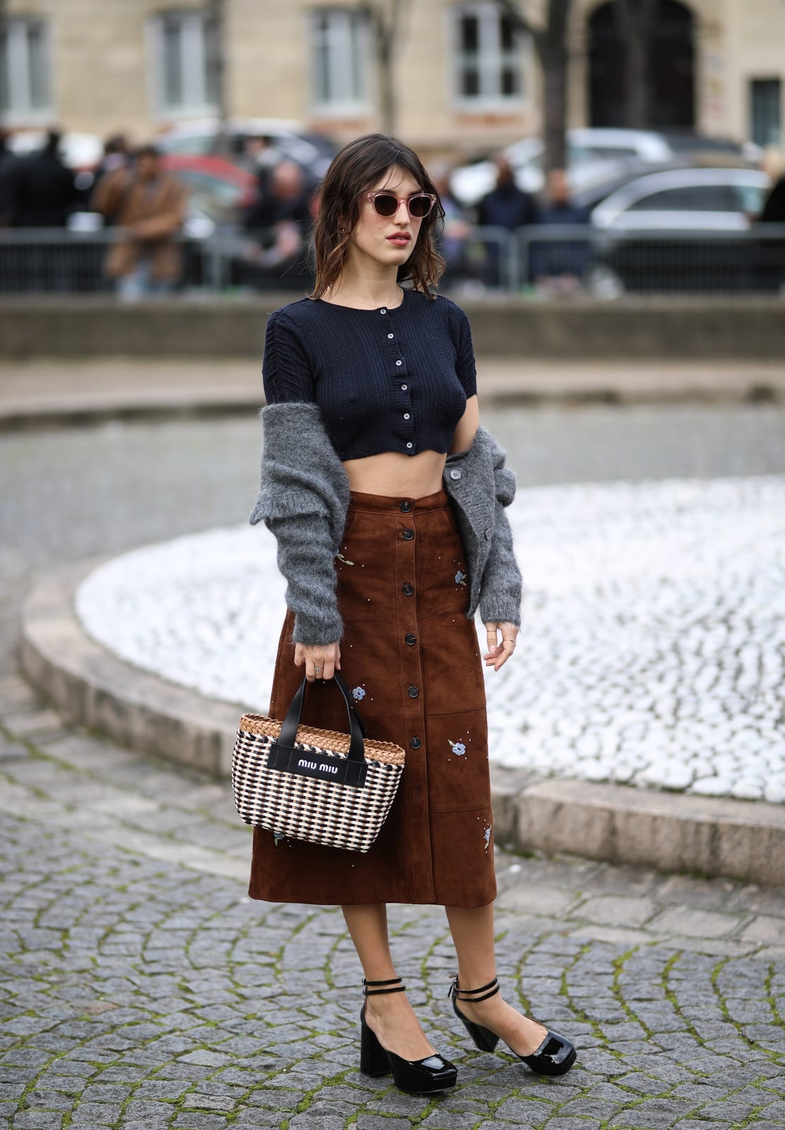 Cropped Fuzzy Cardigan with A-Line Skirt — Aesthetic Brown Cardigan Outfit