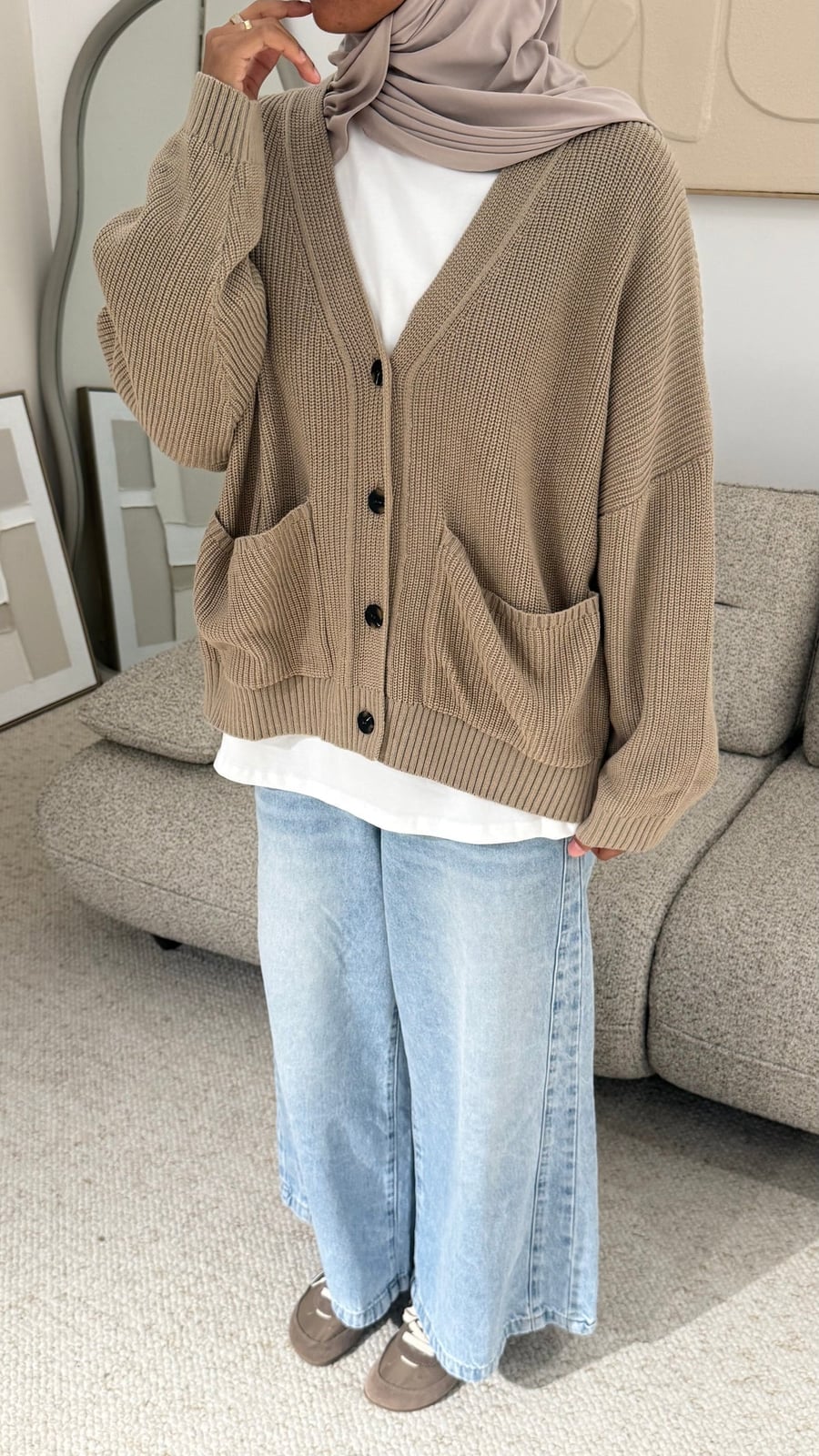 Ribbed Knit Cardigan Over a White T-Shirt — Aesthetic Brown Cardigan Outfit