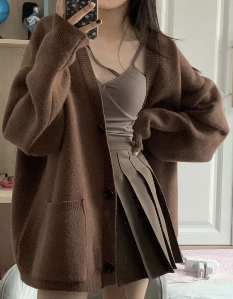 Cozy Brown Cardigan with Pleated Mini Skirt — Aesthetic Brown Cardigan Outfit