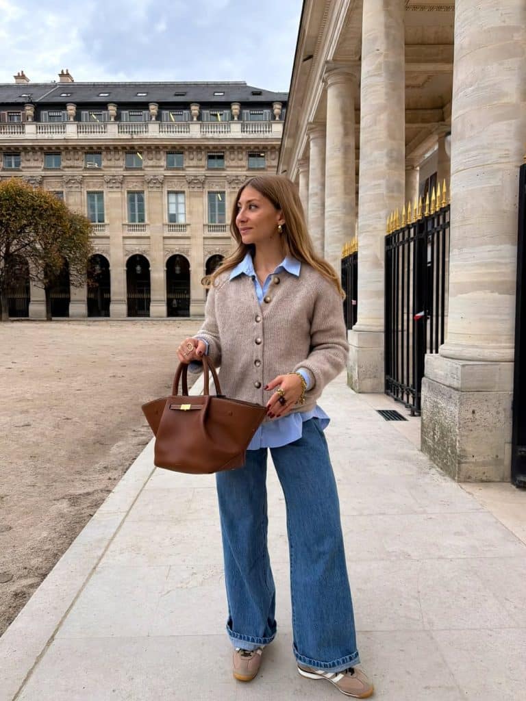Beige Cardigan with Blue Jeans and Tote — Aesthetic Brown Cardigan Outfit