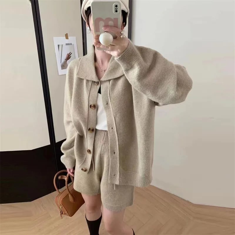 Oversized Cardigan with Matching Knit Shorts — Aesthetic Brown Cardigan Outfit