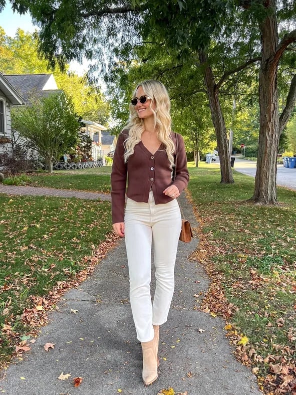 Fitted Brown Cardigan with Cream Pants — Aesthetic Brown Cardigan Outfit