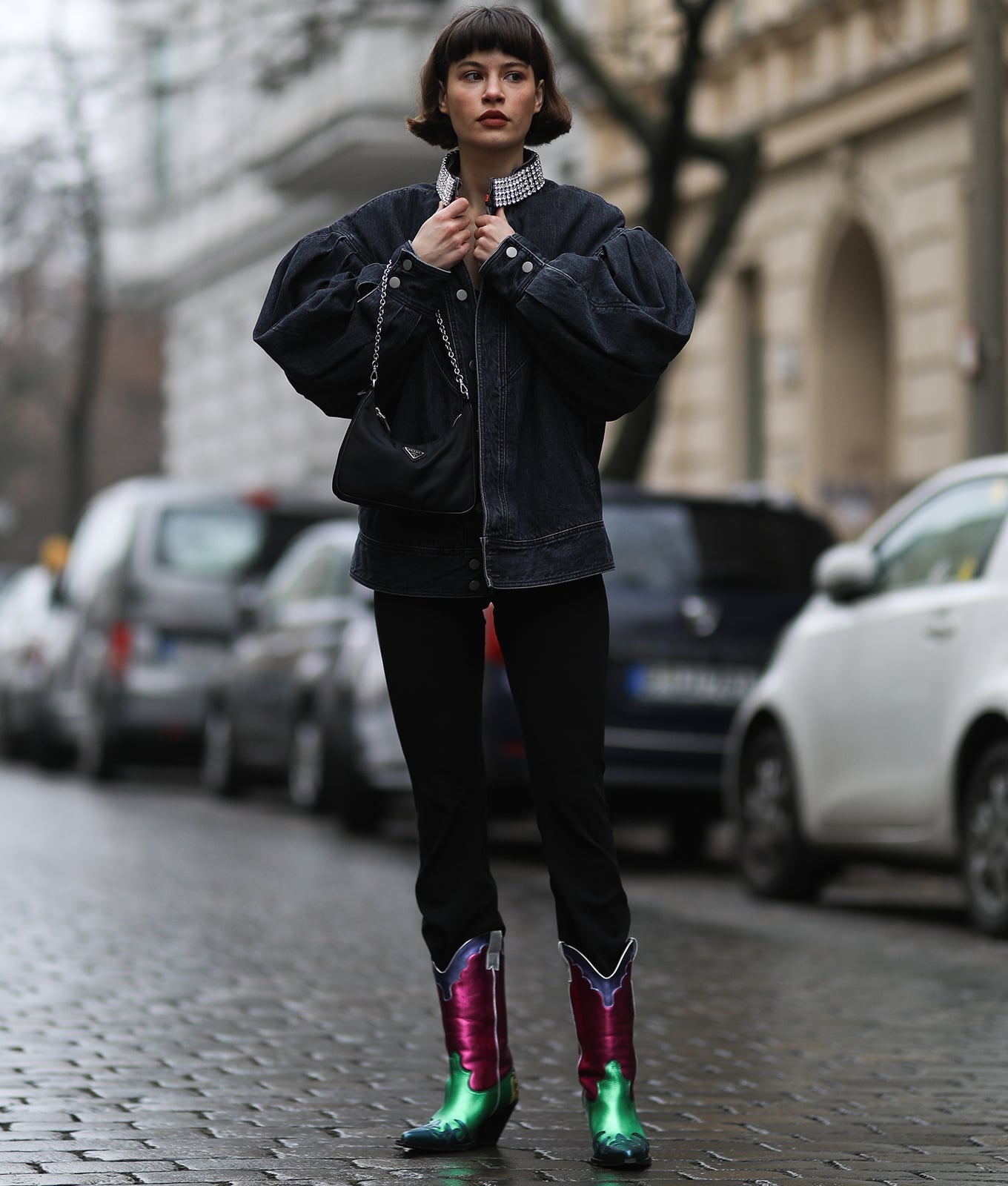 Metallic Green and Pink Boots With Oversized Denim Jacket — Aesthetic Cowgirl Boots Outfit