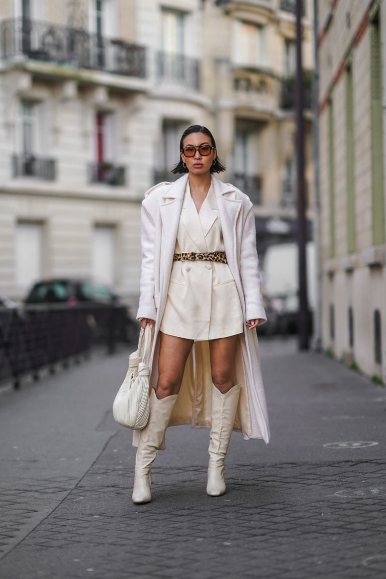 Cream Knee-High Cowboy Boots With Blazer Dress and Trench Coat — Aesthetic Cowgirl Boots Outfit