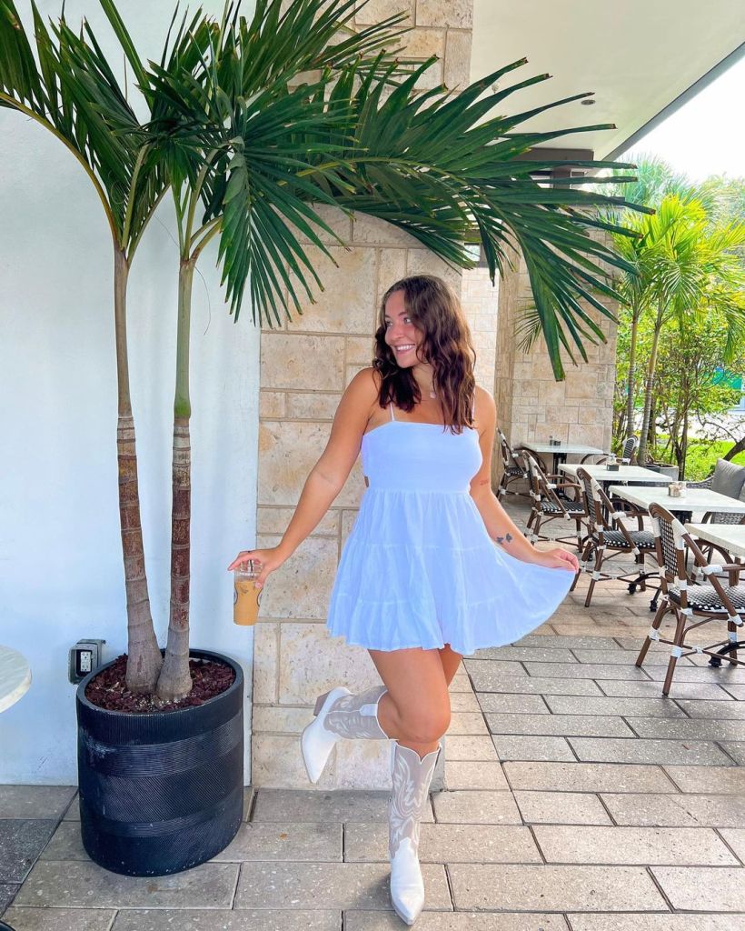 White Embellished Cowboy Boots With a White Mini Dress — Aesthetic Cowgirl Boots Outfit