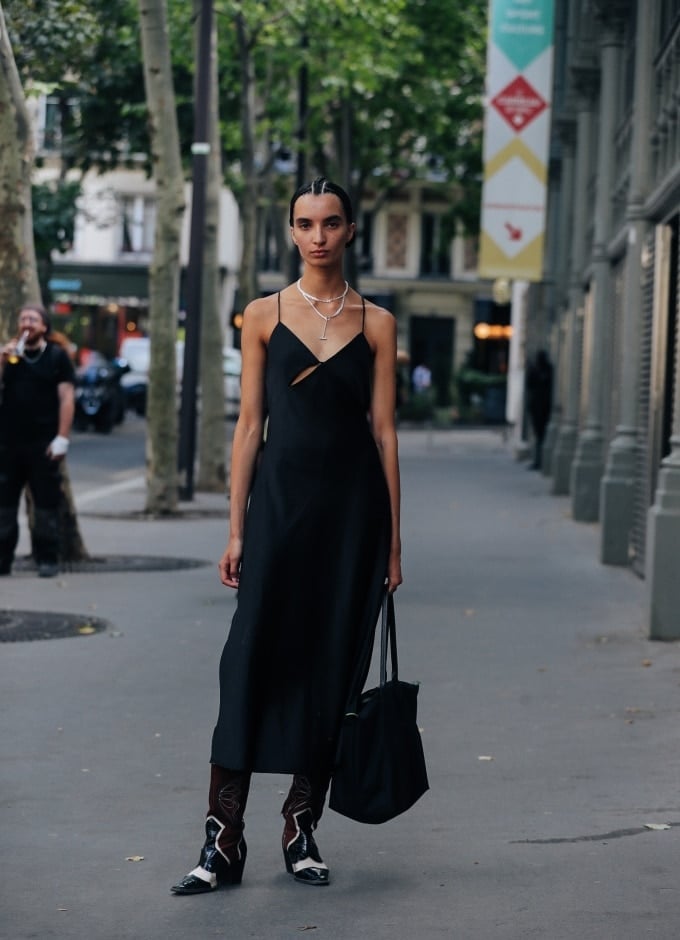 Two-Tone Cowboy Boots With a Black Slip Dress — Aesthetic Cowgirl Boots Outfit