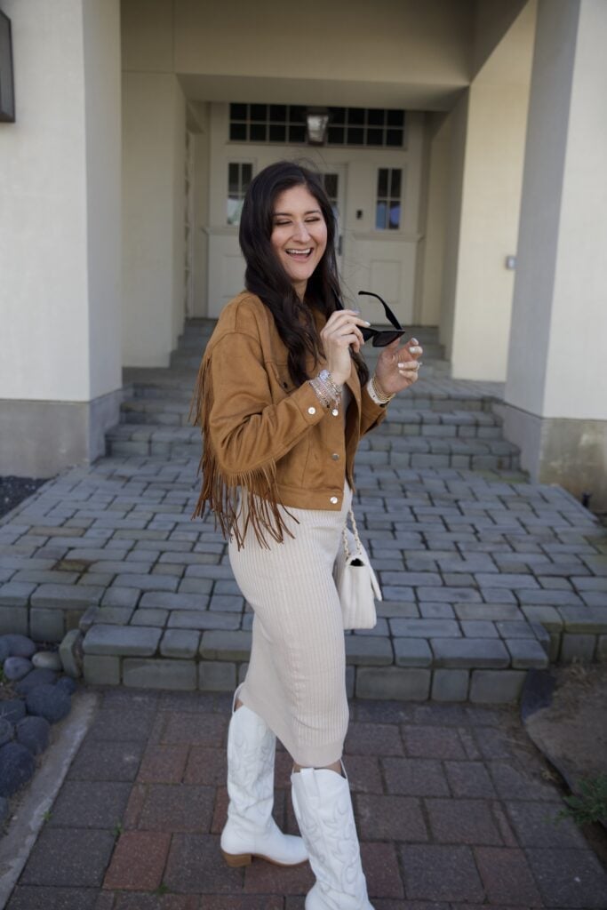 White Cowboy Boots With Knit Dress and Fringe Jacket — Aesthetic Cowgirl Boots Outfit