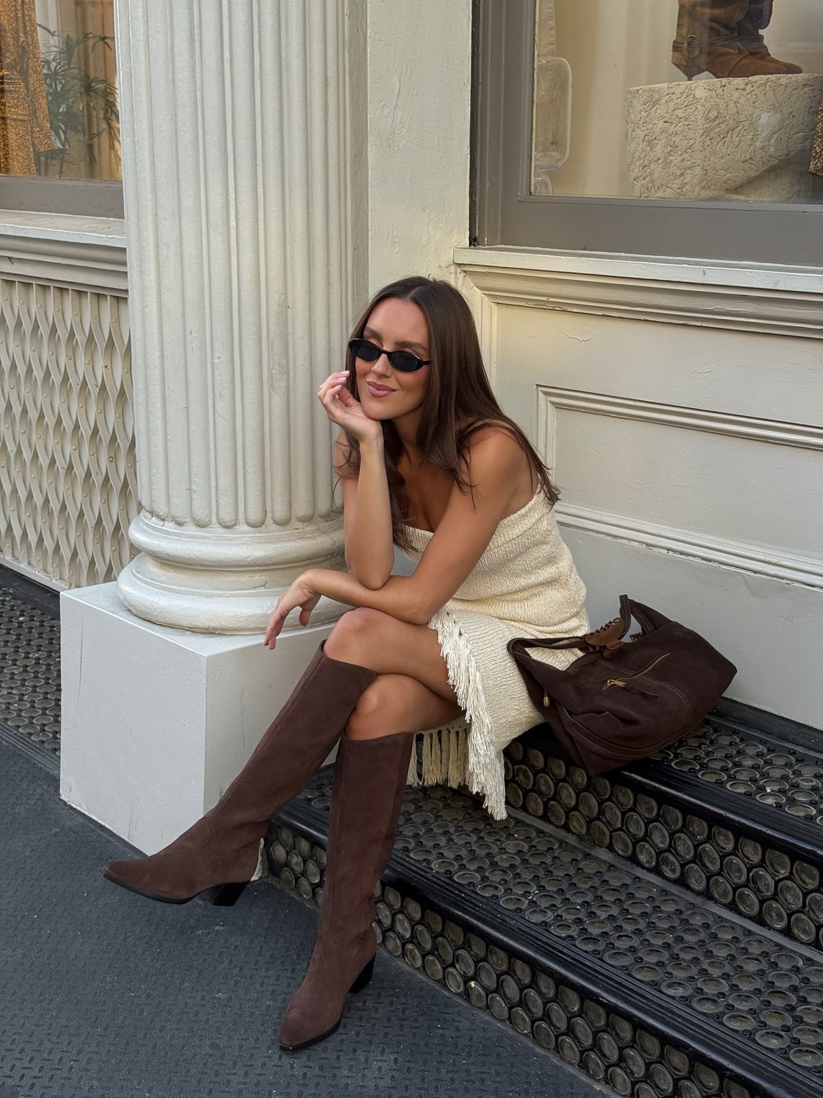 Dark Brown Suede Boots With Fringe Dress and Sunglasses — Aesthetic Cowgirl Boots Outfit
