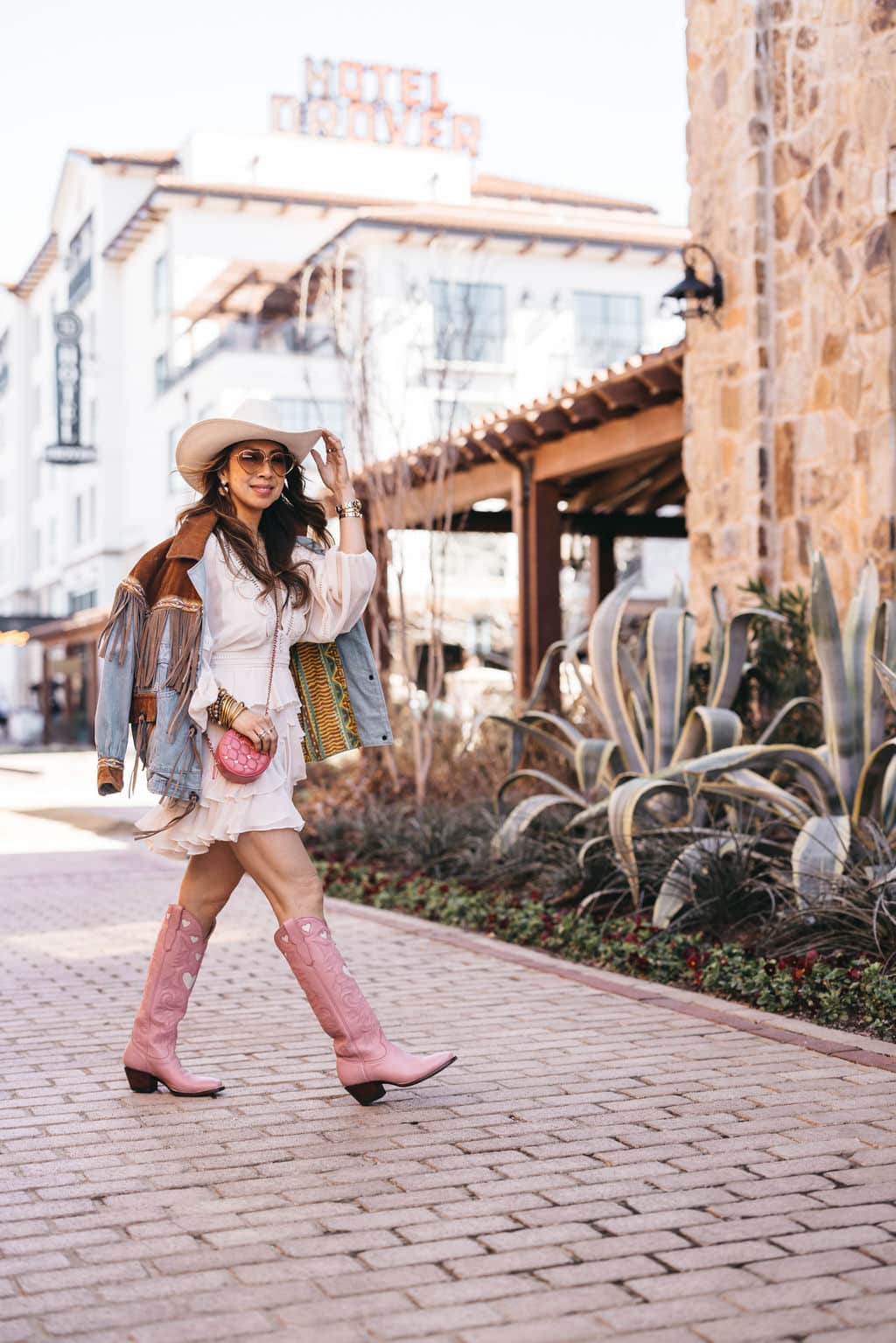 Light Pink Cowboy Boots With Fringe Denim Jacket, Close-Up Take — Aesthetic Cowgirl Boots Outfit