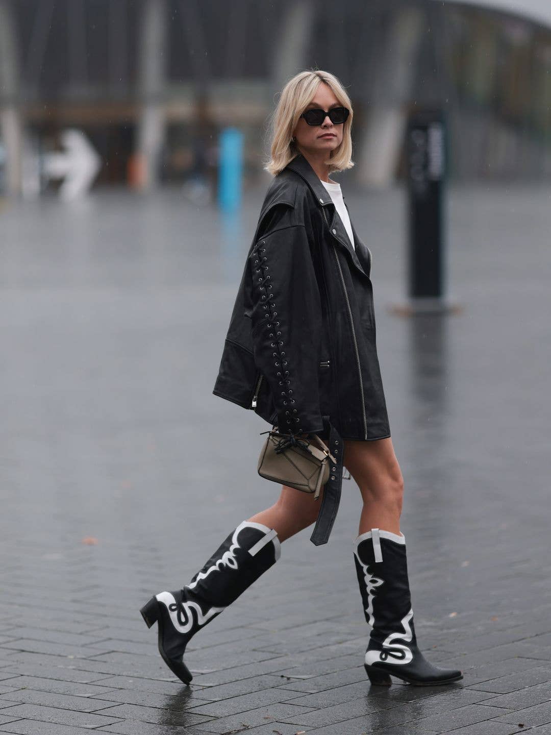 Embellished Cowboy Boots With a Leather Jacket and T-Shirt — Aesthetic Cowgirl Boots Outfit