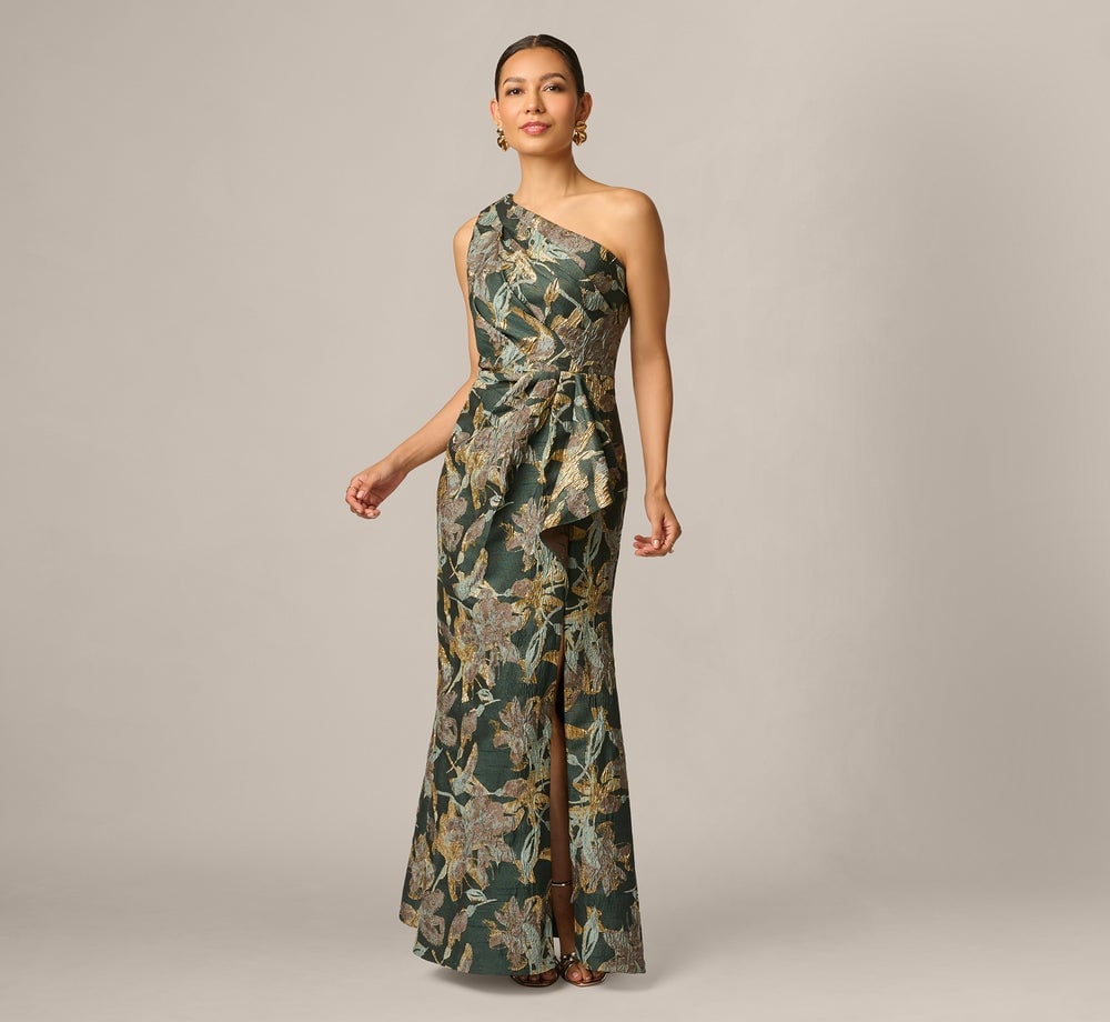 One-Shoulder Brocade Dress with Ruffle Detail One-Shoulder Brocade Dress with Ruffle Detail — Aesthetic Dark Green Dress