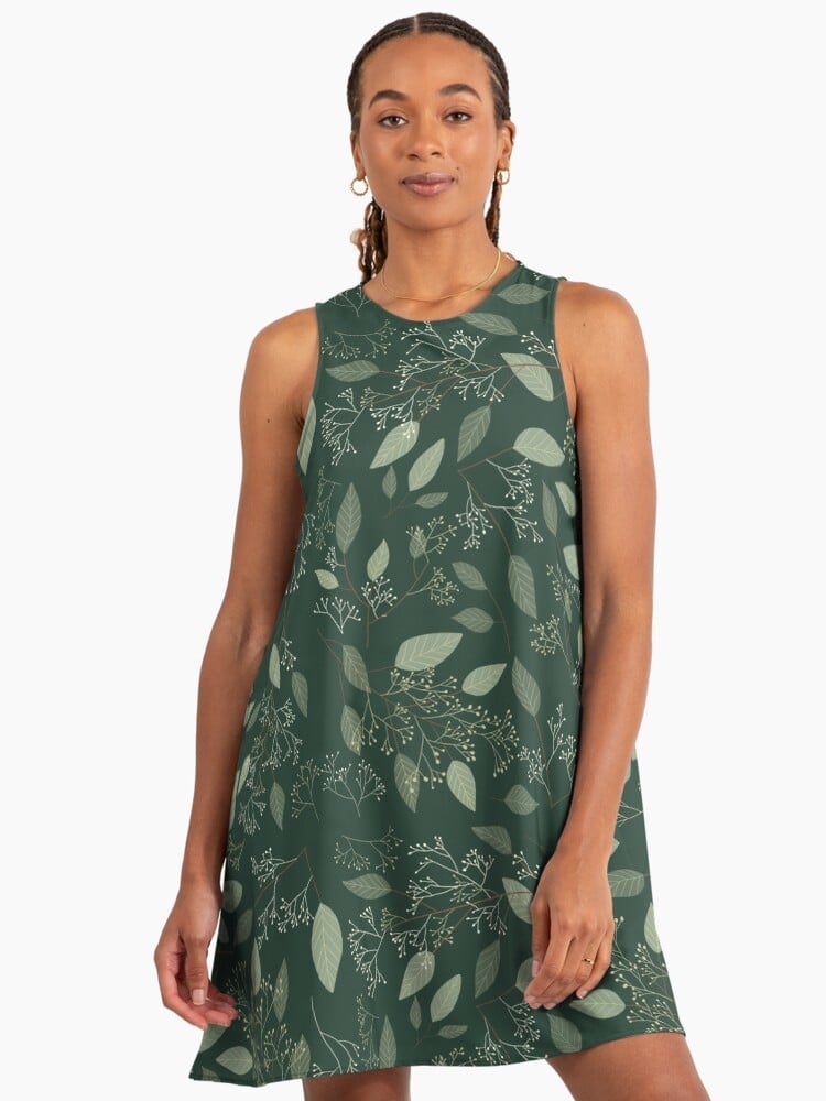 Sleeveless A-Line Dress with Botanical Print Sleeveless A-Line Dress with Botanical Print — Aesthetic Dark Green Dress