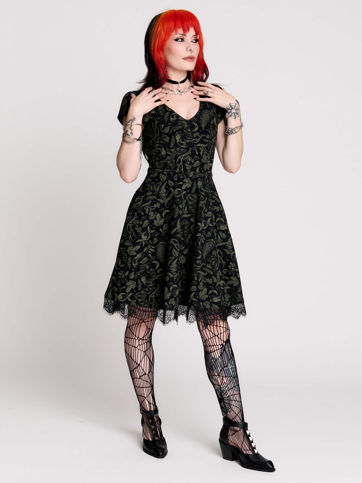 Fit and Flare Dress with Dark Floral Print and Lace Fit and Flare Dress with Dark Floral Print and Lace — Aesthetic Dark Green Dress
