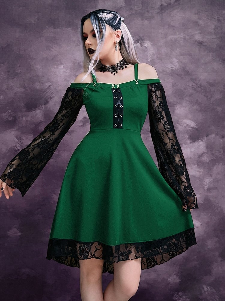 A-Line Dress with Cold-Shoulder Lace Sleeves A-Line Dress with Cold-Shoulder Lace Sleeves — Aesthetic Dark Green Dress