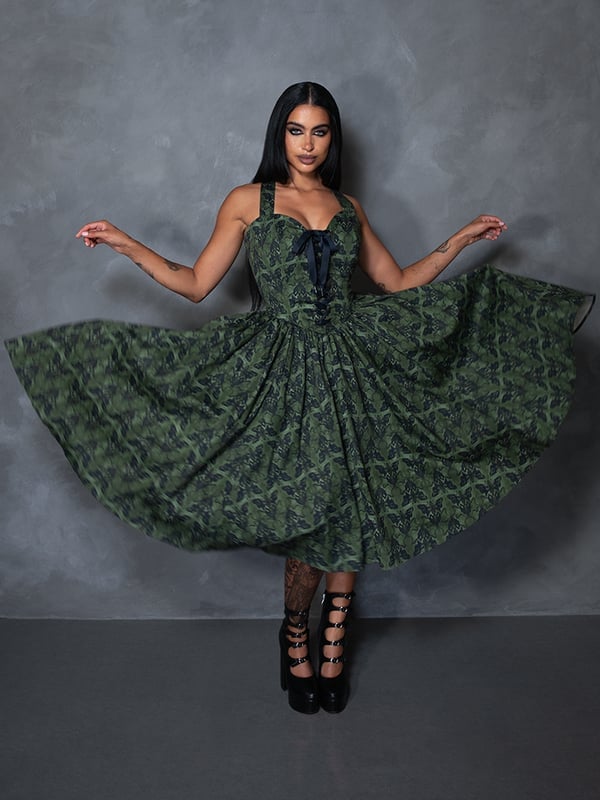 Bat Print Swing Dress with Lace-Up Detail Bat Print Swing Dress with Lace-Up Detail — Aesthetic Dark Green Dress