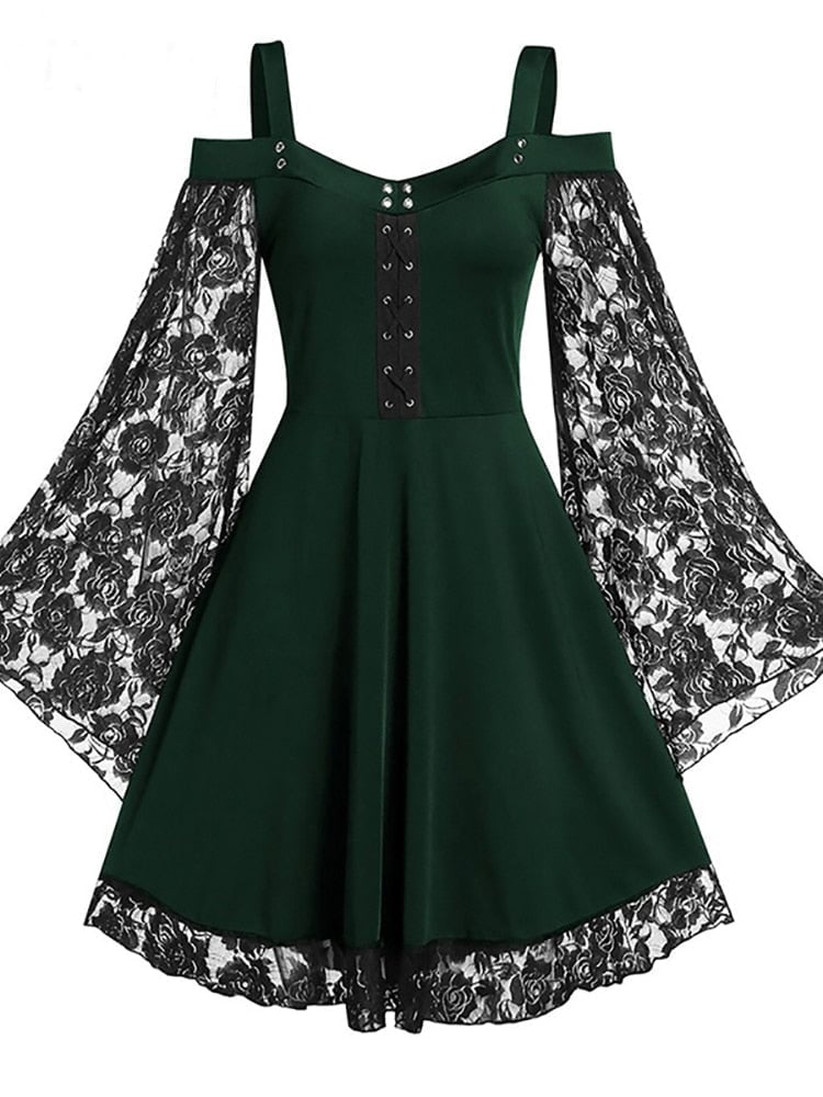 Velvet Dress with Sweetheart Neckline and Lace Sleeves Velvet Dress with Sweetheart Neckline and Lace Sleeves — Aesthetic Dark Green Dress
