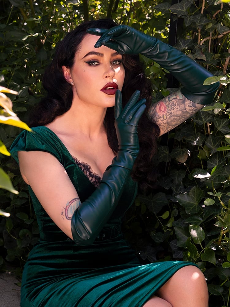 Velvet Dress with Dramatic Opera Gloves Velvet Dress with Dramatic Opera Gloves — Aesthetic Dark Green Dress