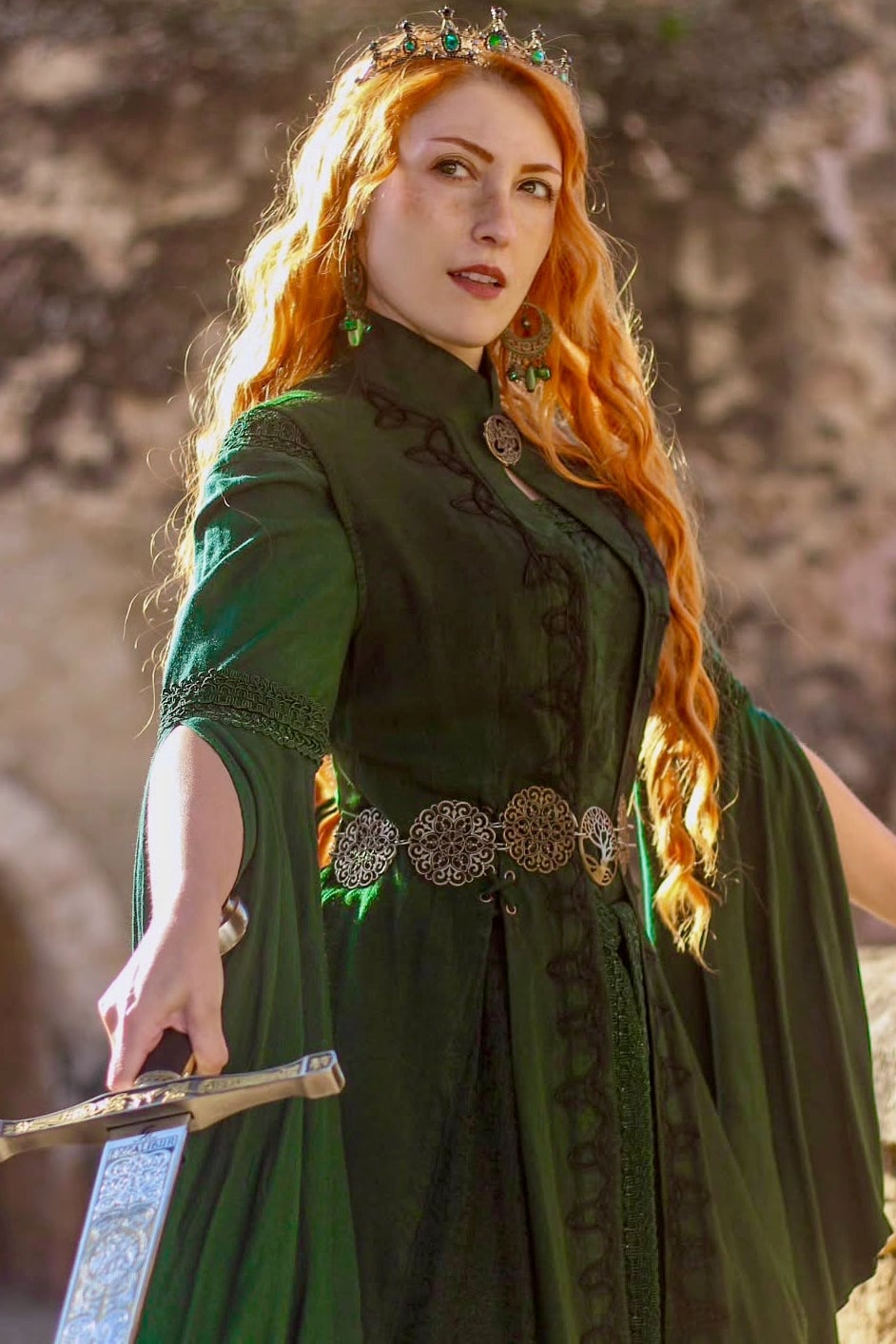 Lace Trimmed Dress with Ornate Belt Lace Trimmed Dress with Ornate Belt — Aesthetic Dark Green Dress